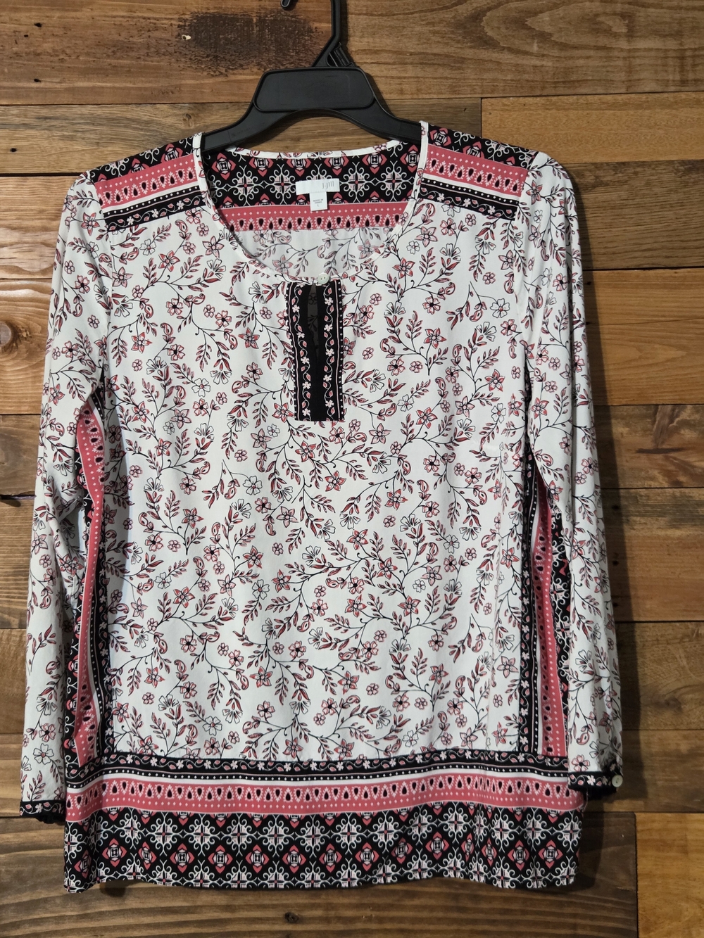 J Jill L Floral Mixed Print Boho Peasant Blouse Rayon Long Sleeve Top